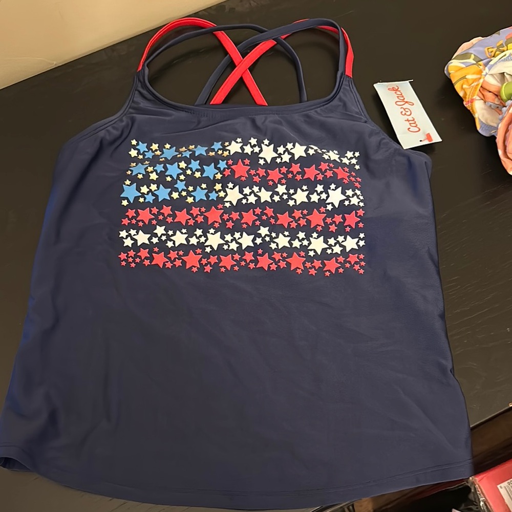 Cat & Jack Navy Starry Flag Tank Tankini/bottoms XL plus (14/16